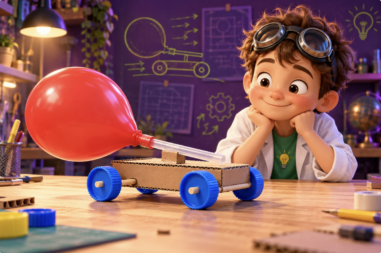 Leo, el pequeño inventor, en su laboratorio junto a un auto impulsado por un globo